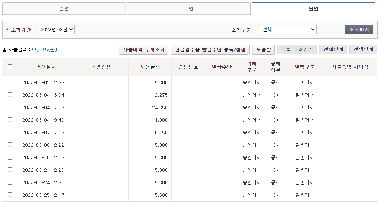 홈택스 현금영수증 조회 결과