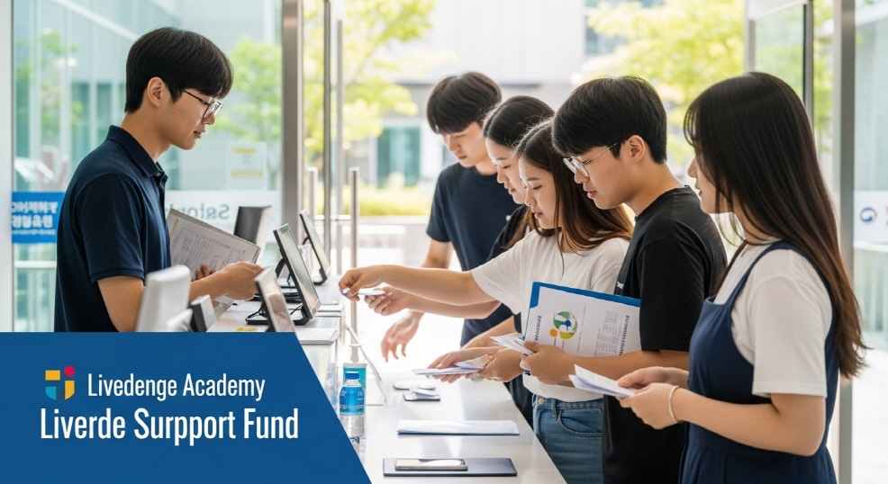 학원 입구에서 결제하는 학생