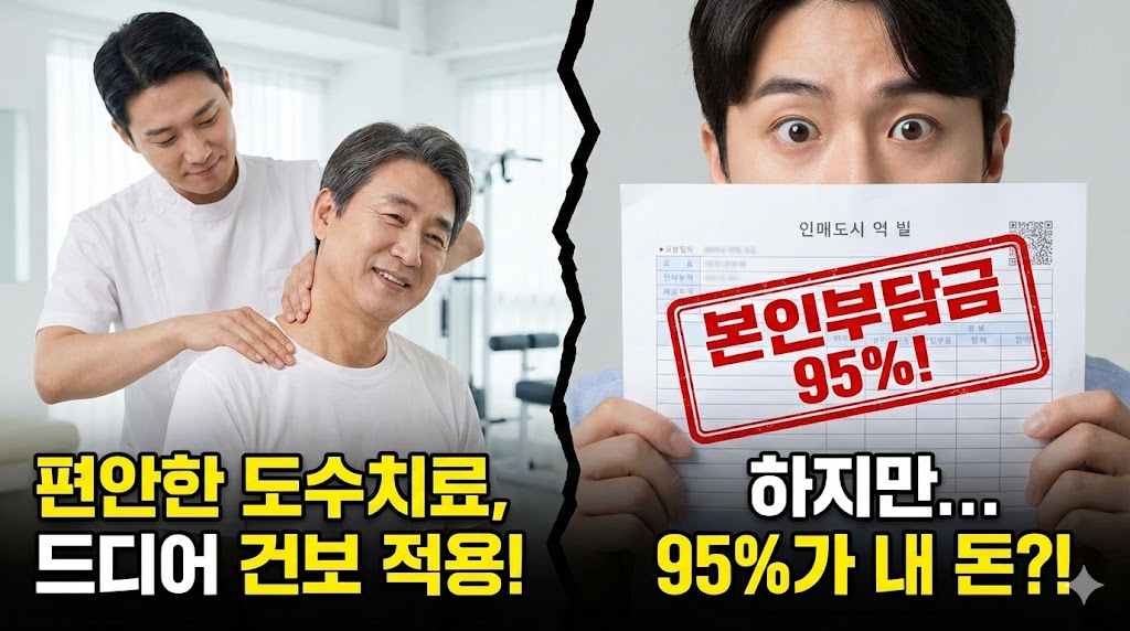 화면이 반으로 나뉘어 있습니다. 왼쪽에는 도수치료를 받으며 편안하게 웃는 환자와 "편안한 도수치료, 드디어 건보 적용!"이라는 문구가 있습니다. 오른쪽에는 "본인부담금 95%!"가 찍힌 영수증을 들고 놀란 표정을 짓는 사람과 "하지만... 95%가 내 돈?!"이라는 문구가 대비를 이룹니다.