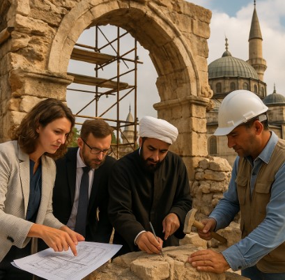 석조 아치 복원 현장에서 다양한 배경의 전문가들이 협력하며 작업하는 모습