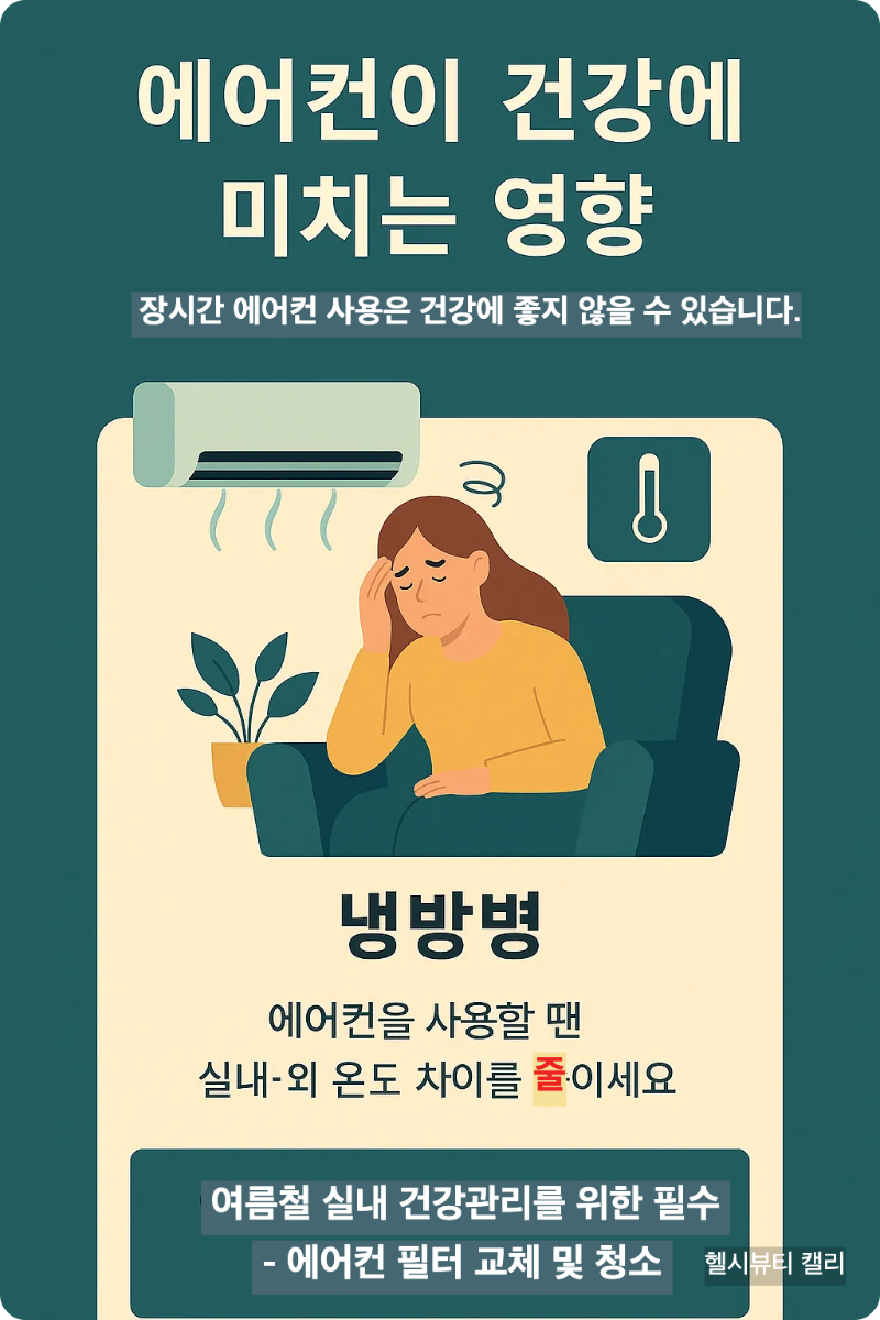 에어컨이 건강에 미치는 영향 인포그래픽 - 냉방병 증상과 실내외 온도 차이 줄이기 권장