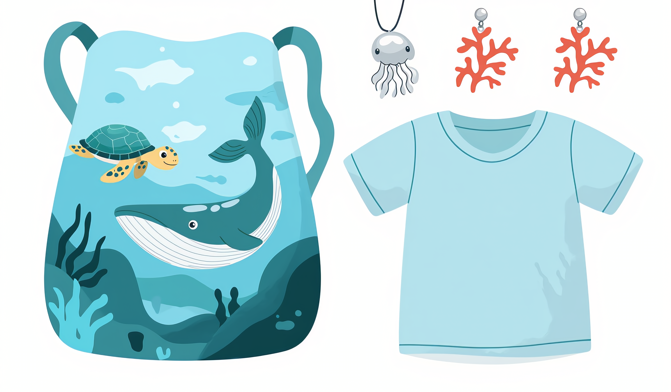귀여운 고래와 바다거북이 부드러운 파스텔 톤과 단순한 라인으로 표현되어 에코백과 티셔츠 위에서 장난치며 수영하는 모습, 해파리 모양의 은색 목걸이와 산호 형상의 귀걸이가 청량감 넘치는 광고 배경에 배치되었습니다. 선명한 일러스트 스타일과 반짝이는 햇빛 반사 효과로 해양 생태계의 생동감을 강조한 친환경 제품 홍보 이미지입니다.