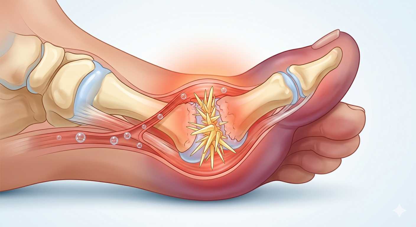 통풍이 생기는 원인인 요산이 쌓이는 모습과 통풍이 부위를 보여주는 이미지