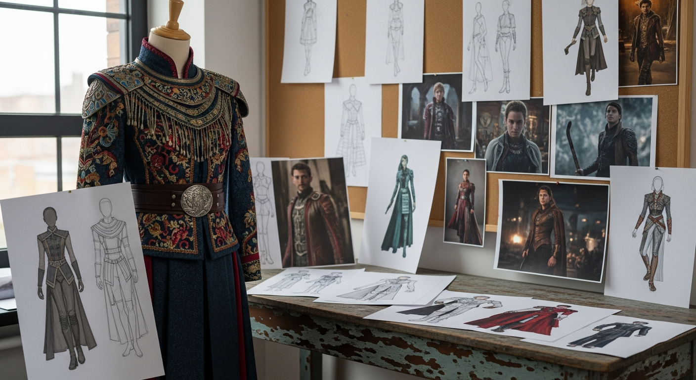 마네킹에 영화 속 의상이 입혀져 있고, 그 주위로 패션 디자이너의 스케치와 영화 스틸컷들이 흩어져 있는 이미지
