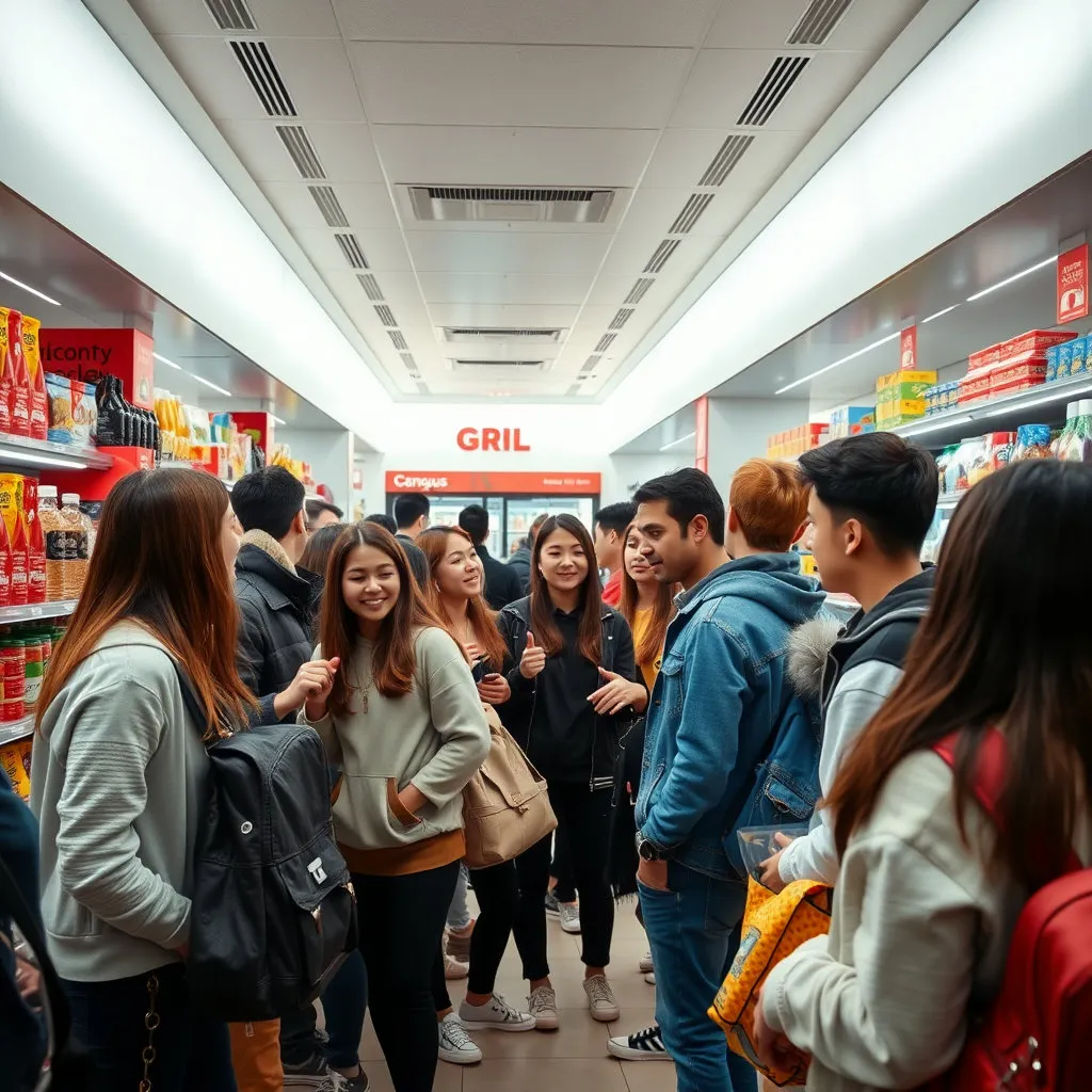 대학생들이 삼삼오오 모여 매점 안에서 물건을 고르거나 계산하는 활기찬 모습입니다. 매점 내부의 깔끔하고 현대적인 인테리어와 상품들이 잘 어우러지도록 표현해 주세요.