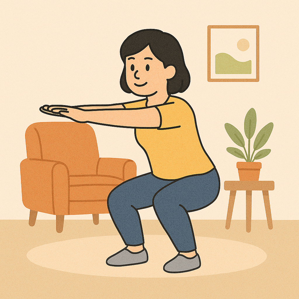 집 안 거실에서 노란 티셔츠와 청바지를 입은 여성이 양팔을 앞으로 뻗고 스쿼트 동작을 하는 모습의 단순한 만화 스타일 그림.