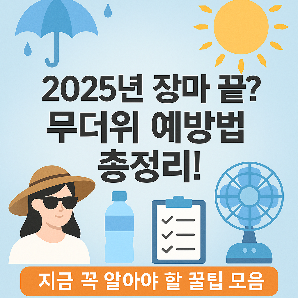"2025년 장마 종료 후 무더위 예방법을 안내하는 인포그래픽 썸네일. 파란 우산, 태양, 선풍기, 모자 쓴 여성, 물병, 체크리스트 아이콘과 함께 '2025년 장마 끝? 무더위 예방법 총정리! 지금 꼭 알아야 할 꿀팁 모음'이라는 문구가 적혀 있음."