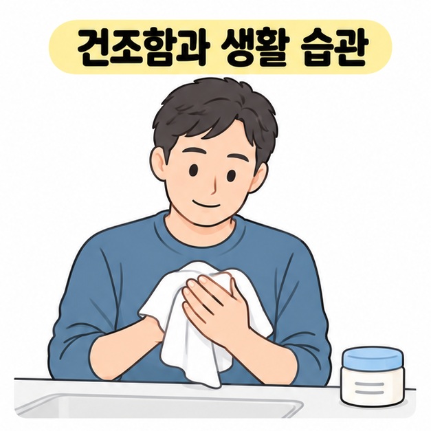 건조함과 생활 습관 제목 아래 보습제 용기 옆에서 수건으로 손의 물기를 닦는 남성
