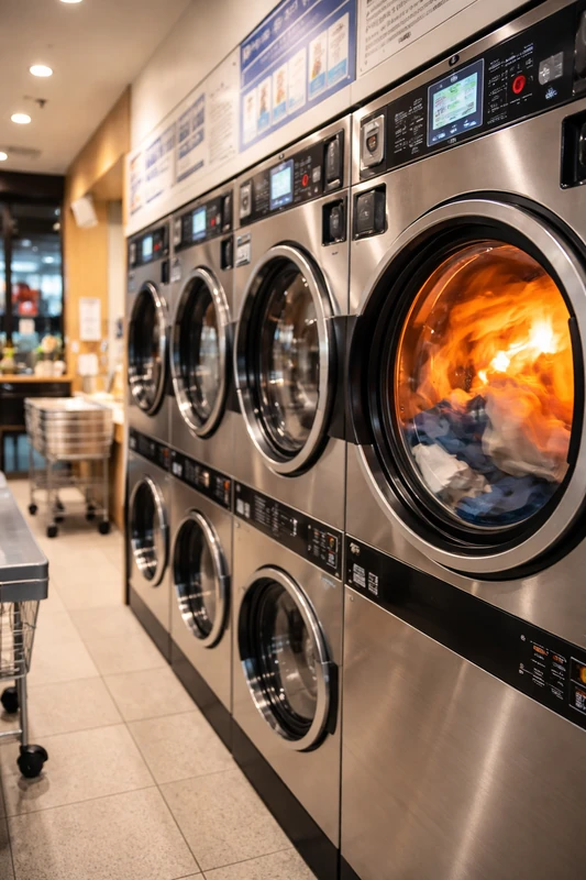 도시형 코인세탁소 내부에서 여러 대의 세탁기와 건조기가 가동 중이며, 앞쪽 건조기 안에서는 옷이 고온으로 회전하며 말려지고 있는 모습