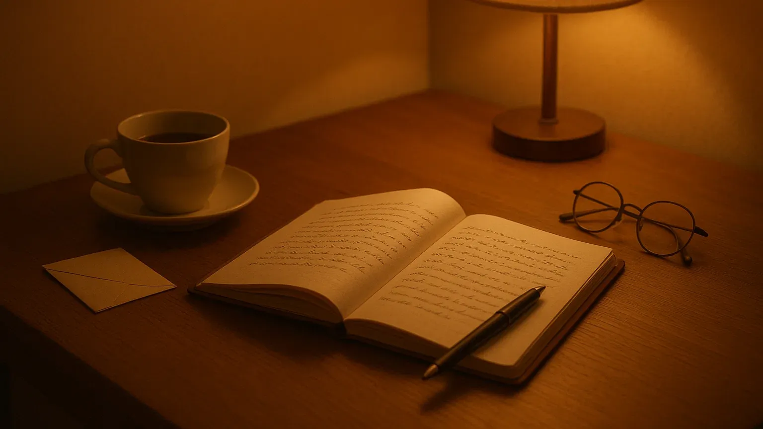 일기장과 펜, 그리고 따뜻한 조명이 있는 책상에서 자기성찰하는 모습을 담은 따뜻하고 안정감 있는 이미지