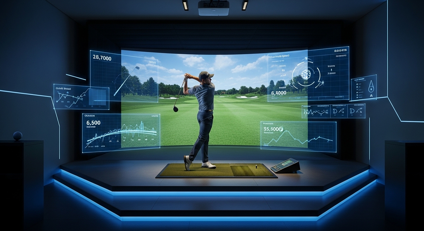스크린골프 시뮬레이터에서 스윙하며 데이터를 분석하는 골퍼의 모습.