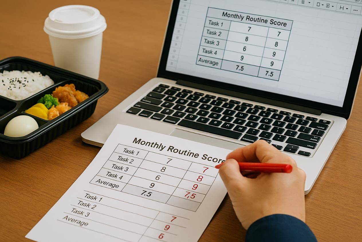 월간 루틴 점수를 기록하며 평가하는 장면.