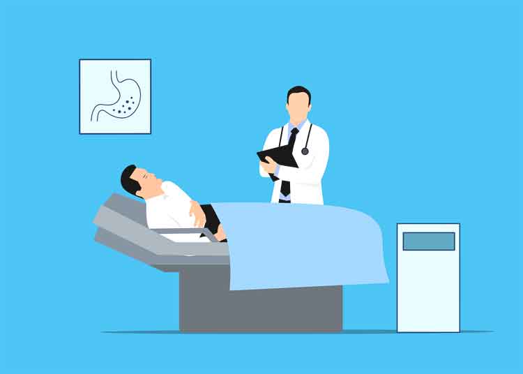 의사와-배를-움켜지고-누운-환자-일러스트