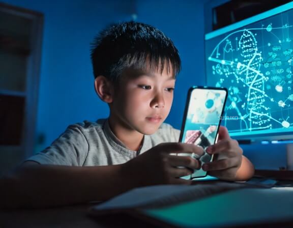 핸드폰으로 과학 영상을 보고는 초등학생