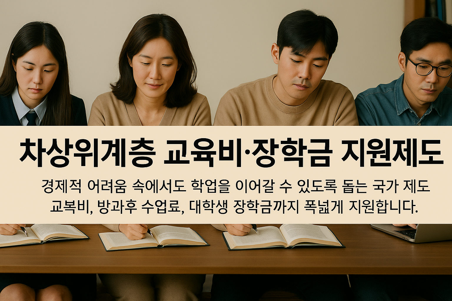 차상위계층 교육비·장학금 지원제도 안내, 책상에서 공부하는 청년들
