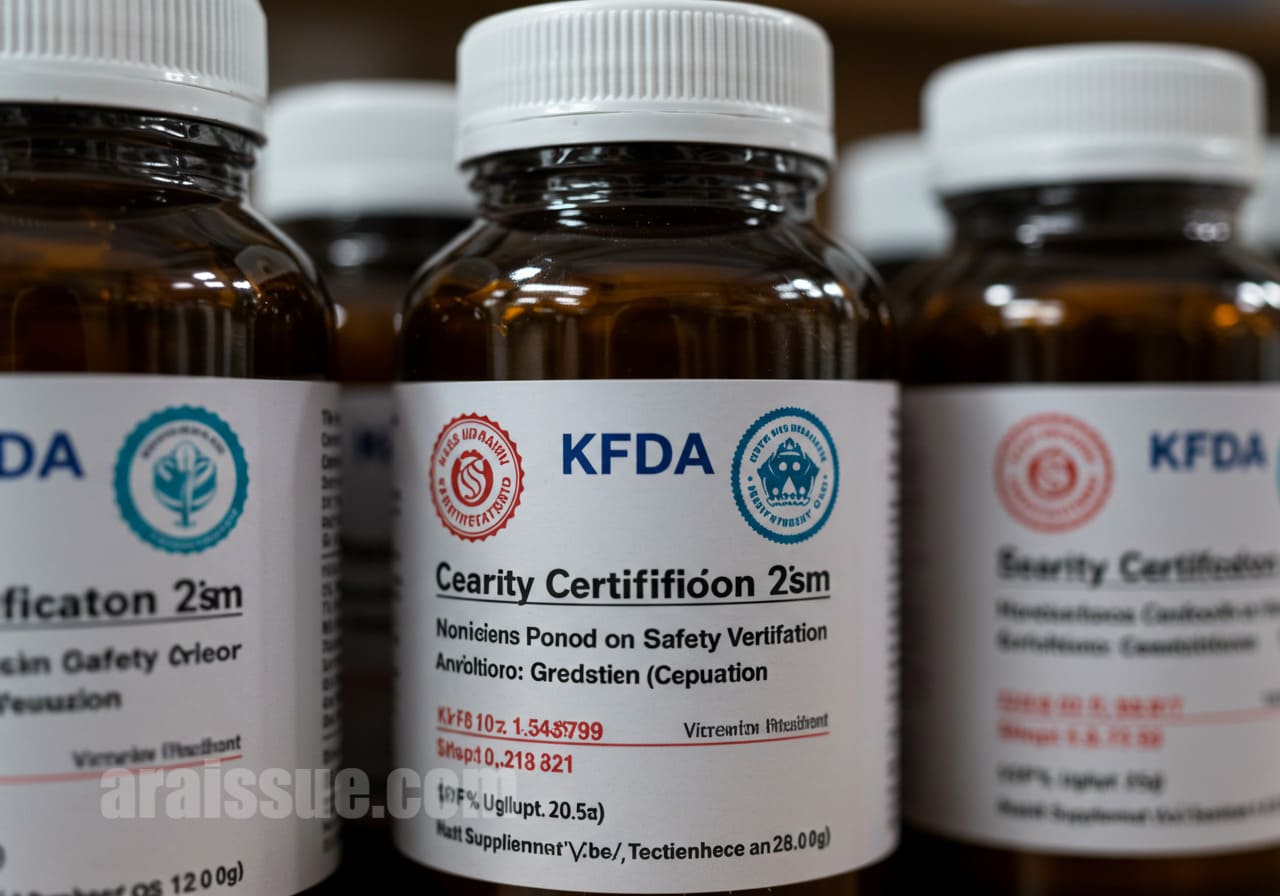 KFDA 인증과 안전성 검증 라벨이 부착된 건강기능식품 병