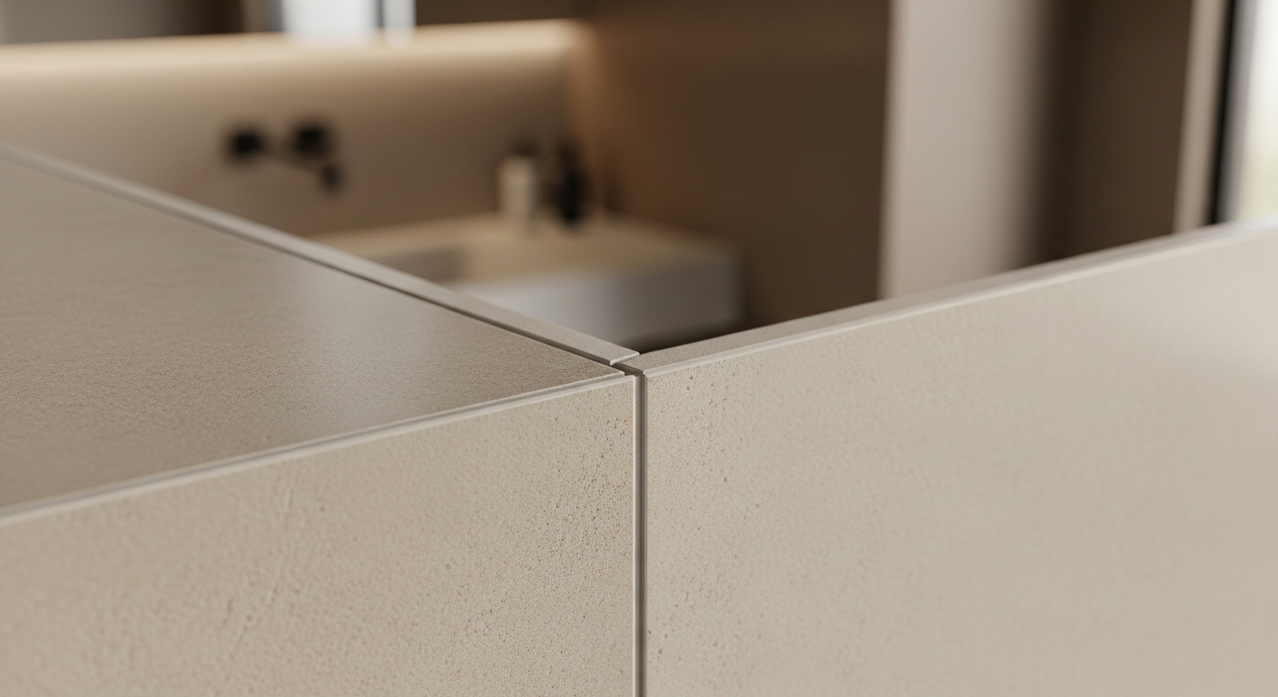 별도의 마감재 없이 타일 모서리를 깎아 맞붙이는 졸리컷 시공으로 완성된 심리스 욕실 벽면