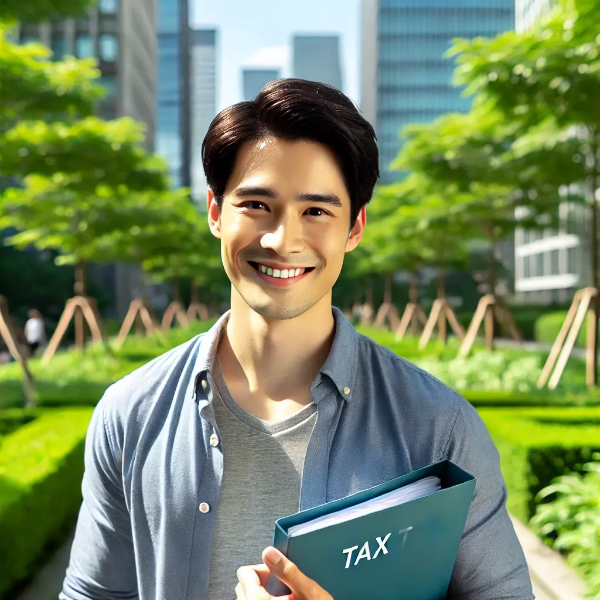 종합소득세 신청 후 성공적인 재정 관리를 상징하는 동양인 남성