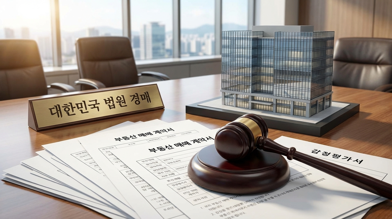 경매 법정의 법봉과 부동산 서류, 건물 모형이 함께 놓인 실전 투자 이미지