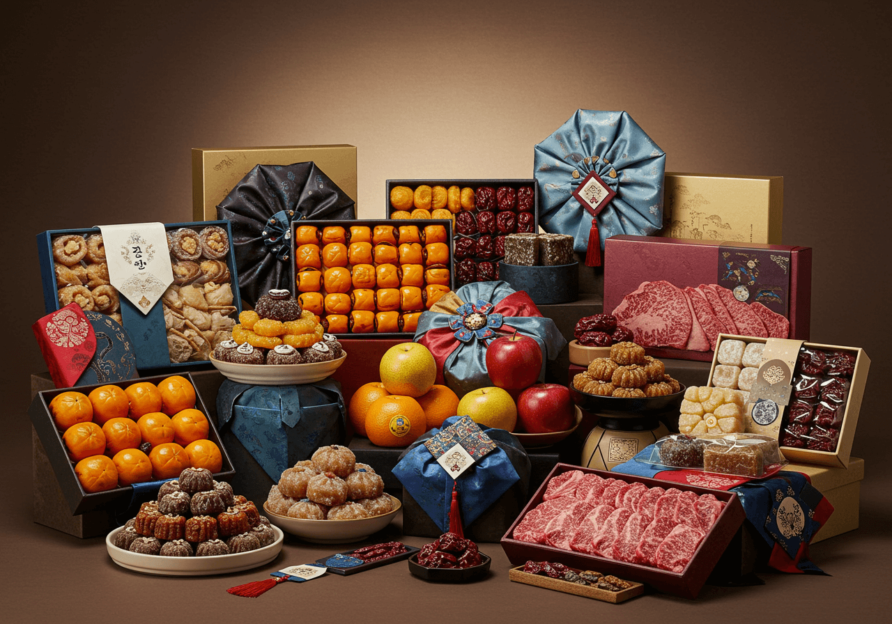 추석 명절 선물세트가 진열된 장면. 곶감, 한과, 사과, 배, 감귤, 홍삼, 한우 고기 등 다양한 고급 선물세트가 보자기와 전통 포장으로 꾸며져 있다.