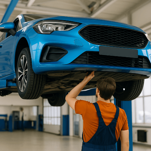 자동차 하체 점검 중인 정비사와 차량 하체 모습