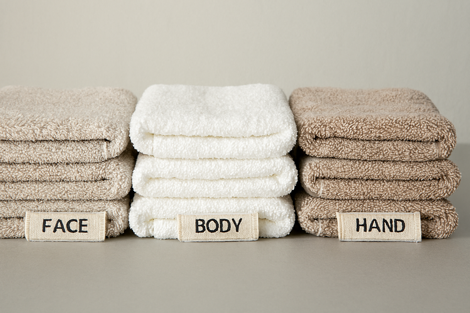 얼굴용, 몸용, 손용 등 구분되어 깨끗하게 접어서 보관된 수건의 모습 이미지
