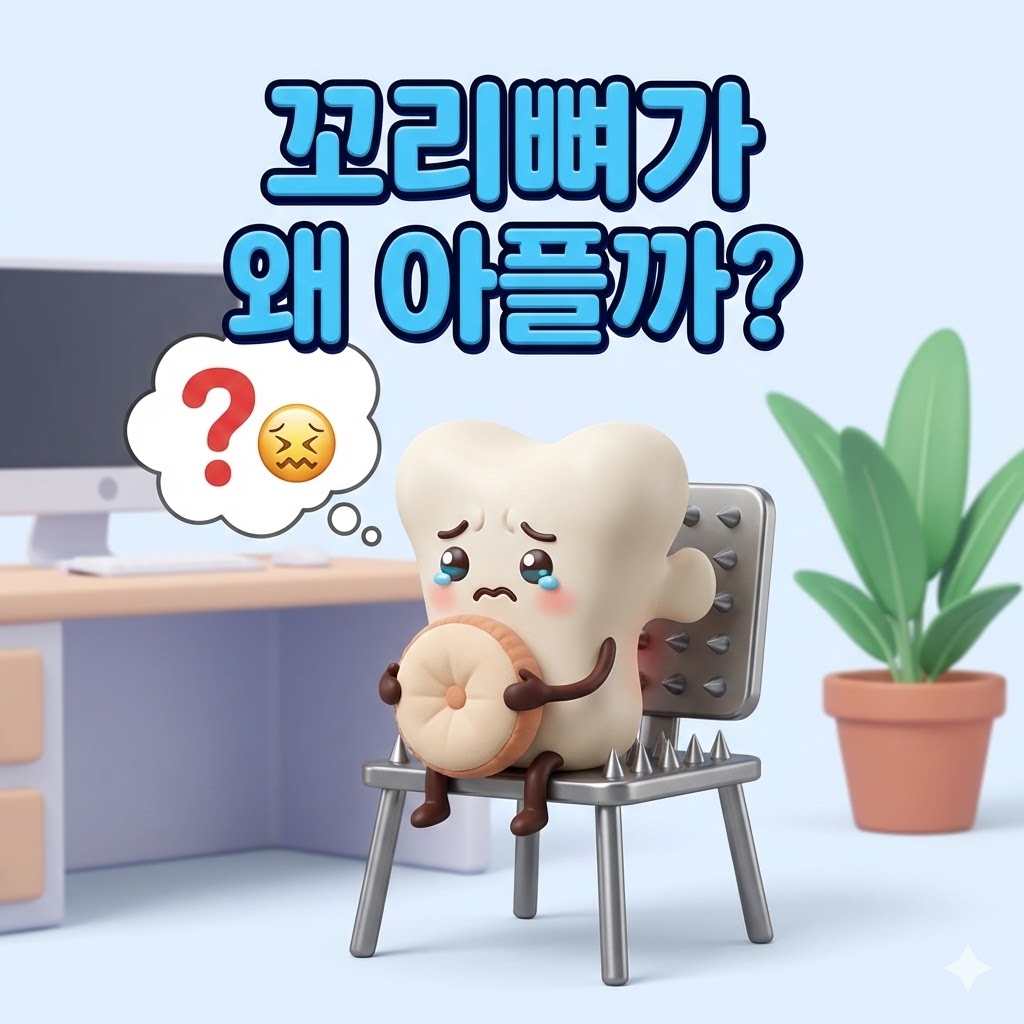 딱딱한 의자에 불편하게 앉아 고통스러워하는 귀여운 꼬리뼈 캐릭터. 꼬리뼈 통증의 원인을 궁금해하는 모습이다.