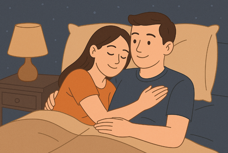 침대에 누워있는 부부