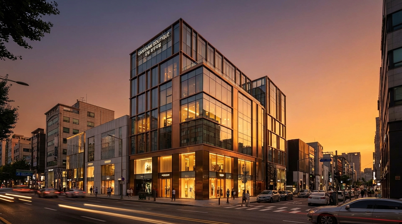 서울 강남의 세련된 꼬마빌딩 건물 외관과 화려한 도시 야경