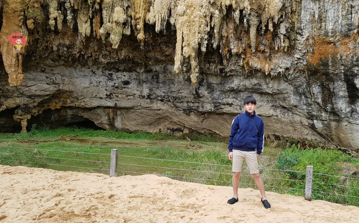 호주-멜버른-그레이트-오션-로드-로크-아드-고지-해변-동굴-앞-모래-위에-서있는-소년-배경은-석회암-절벽과-푸른-풀밭