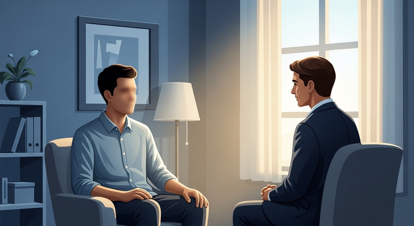 따뜻하고 희망찬 분위기 속에서 전문 상담사와 이야기를 나누며 위로받는 사람의 모습