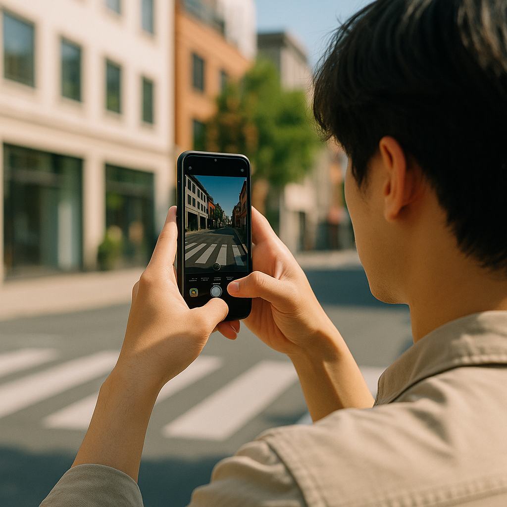 자연광 아래 스마트폰으로 거리 풍경을 촬영하는 사람의 모습