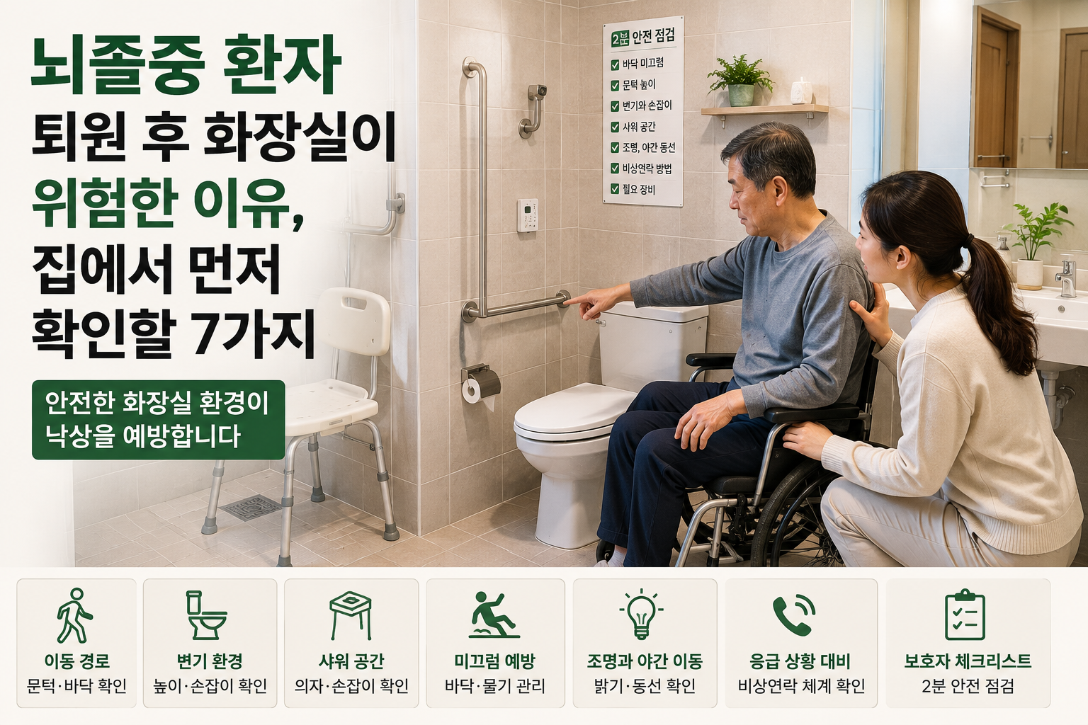 뇌졸중 환자 퇴원 후 집 화장실 안전환경을 확인하는 보호자