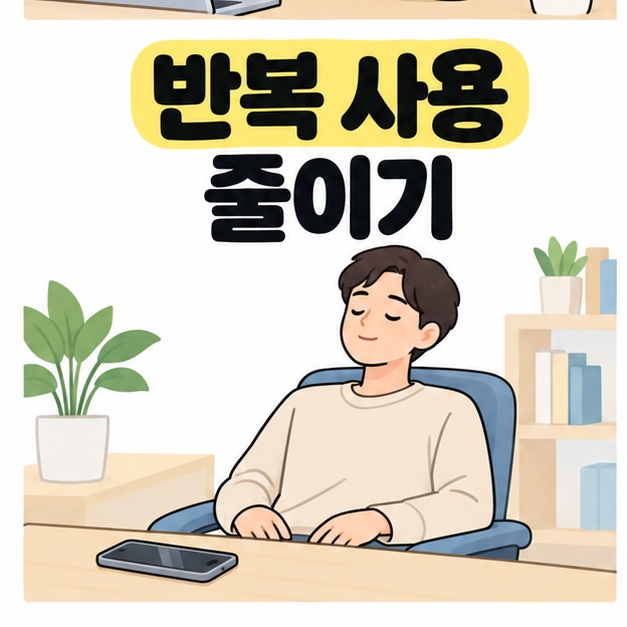 반복 사용 줄이기 문구 아래 스마트폰을 책상에 내려놓고 의자에 앉아 쉬는 남성