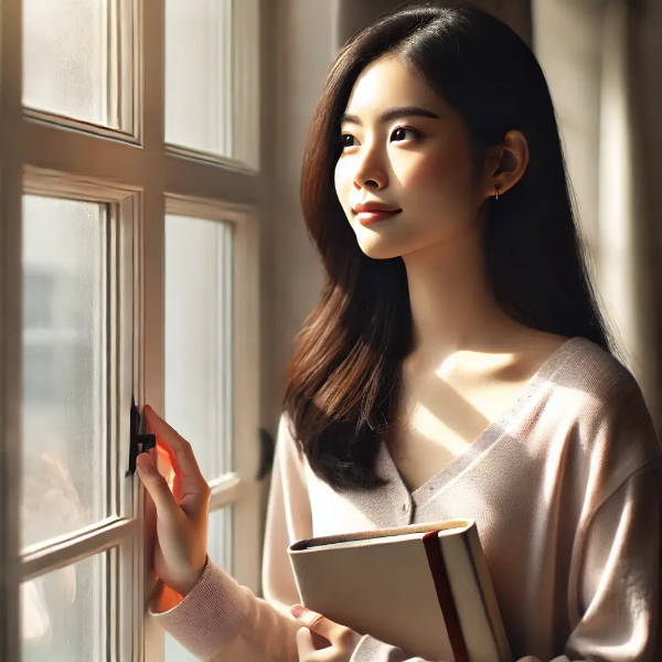 회복의 다짐을 하며 창밖을 바라보는 동양인 여성의 잔잔한 장면