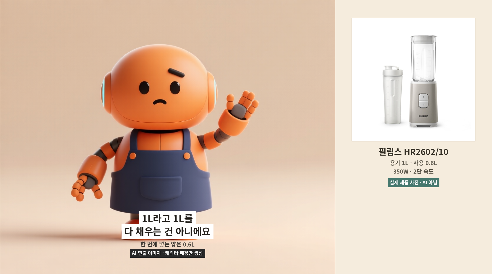 필립스 미니 블렌더 HR2602 1L 용기와 0.6L 사용 용량을 설명하는 AI 연출 이미지