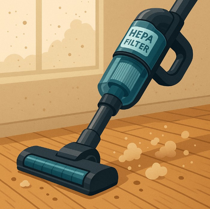 HEPA 필터가 장착된 진공청소기로 바닥의 집먼지와 미세먼지를 제거하는 모습