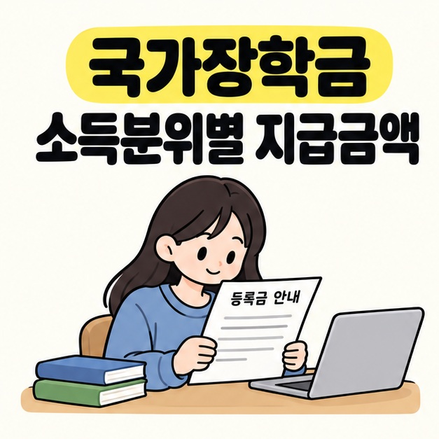 국가장학금 소득분위별 지급금액이라는 제목 아래 대학생이 책상에서 등록금 안내를 읽는 삽화