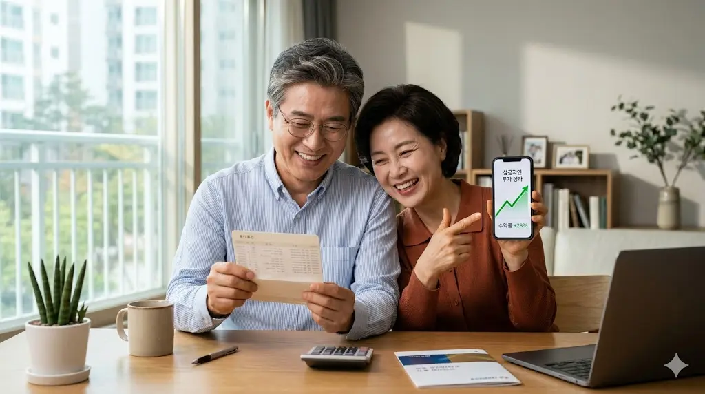건강보험료 감면 및 피부양자 자격 유지에 성공하여 숨은 환급금 통장을 보고 환하게 웃는 은퇴 부부