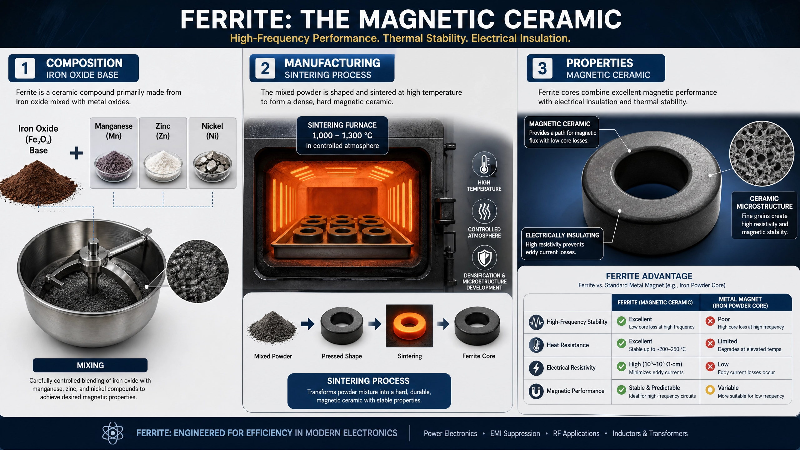 페라이트(Ferrite) 소재의 정의, 제조 공정, 그리고 핵심 물리적 특성을 시각화한 이미지를 생성했습니다