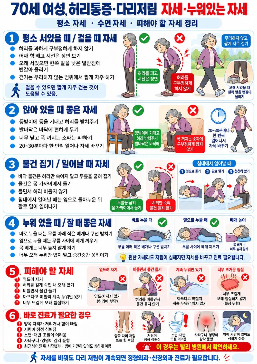 70세 허리통증 다리저림 서있는 자세 앉는 자세 물건드는 자세 수면자세