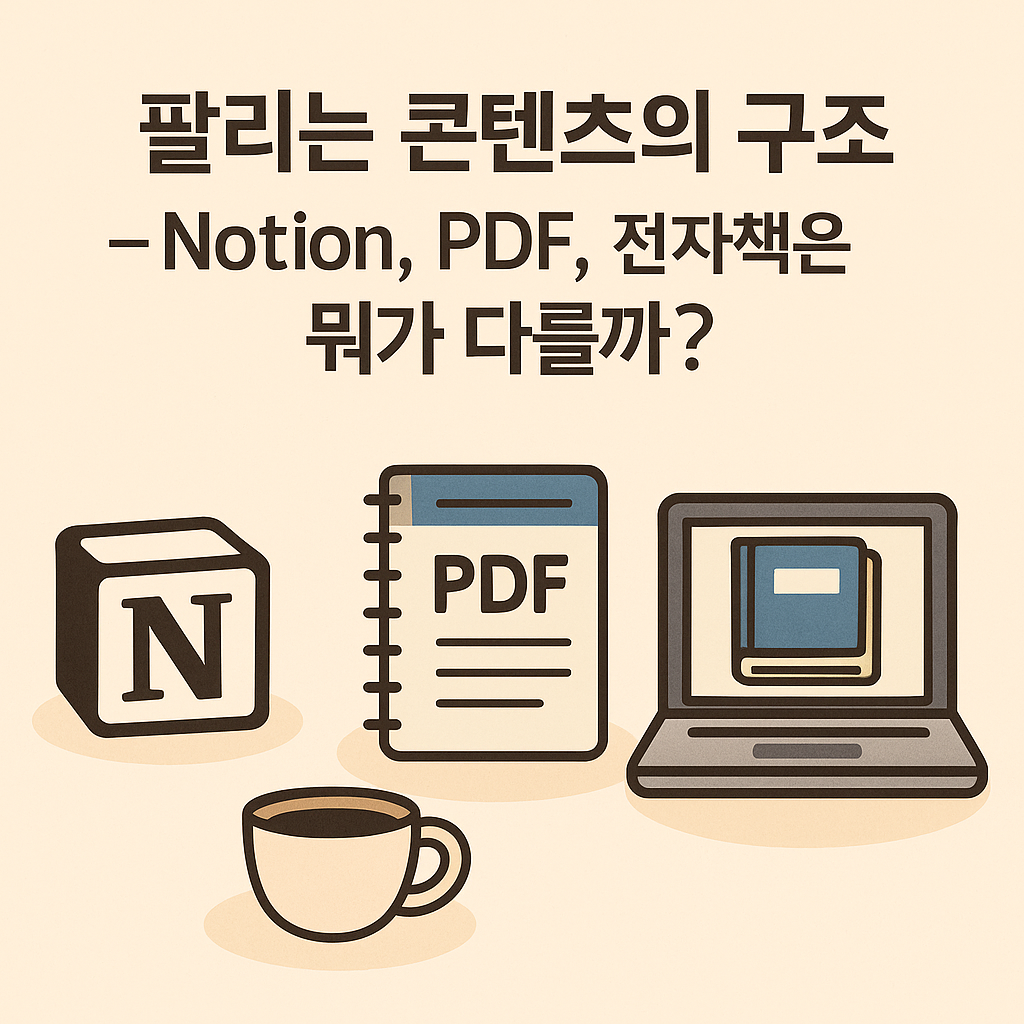 Notion, PDF, 전자책 포맷의 차이를 비교하는 콘텐츠 구조 인포그래픽 – 각 포맷을 상징하는 아이콘과 함께 구성된 썸네일 일러스트