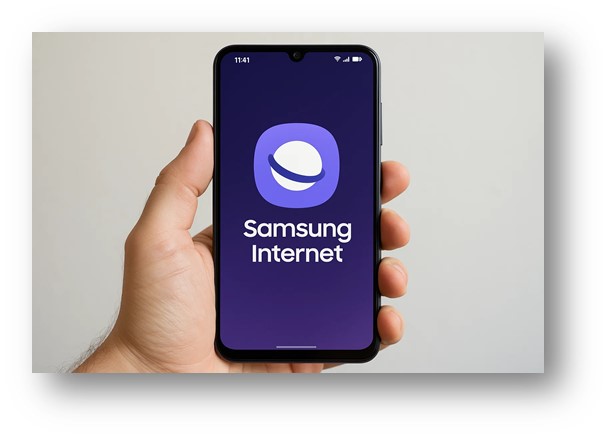 삼성 갤럭시 스마트폰에 기본적으로 설치되어 있는 삼성인터넷을 사용자가 실행시키는 장면