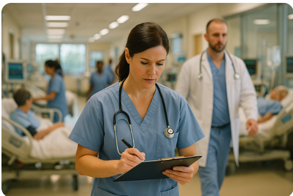 분주한 병동에서 일하는 간호사