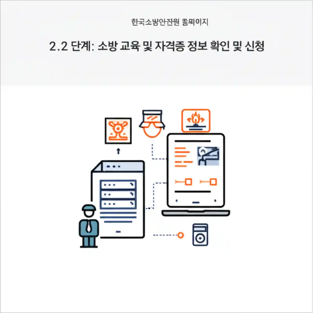 한국소방안전원 홈페이지의 소방 교육 및 자격증 신청 화면. 2.2 단계 정보 확인.