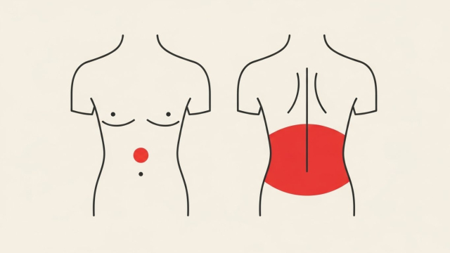 작은 췌장 종양이 주변 장기·신경을 압박해 가는 과정을 단계별로 표현한 일러스트