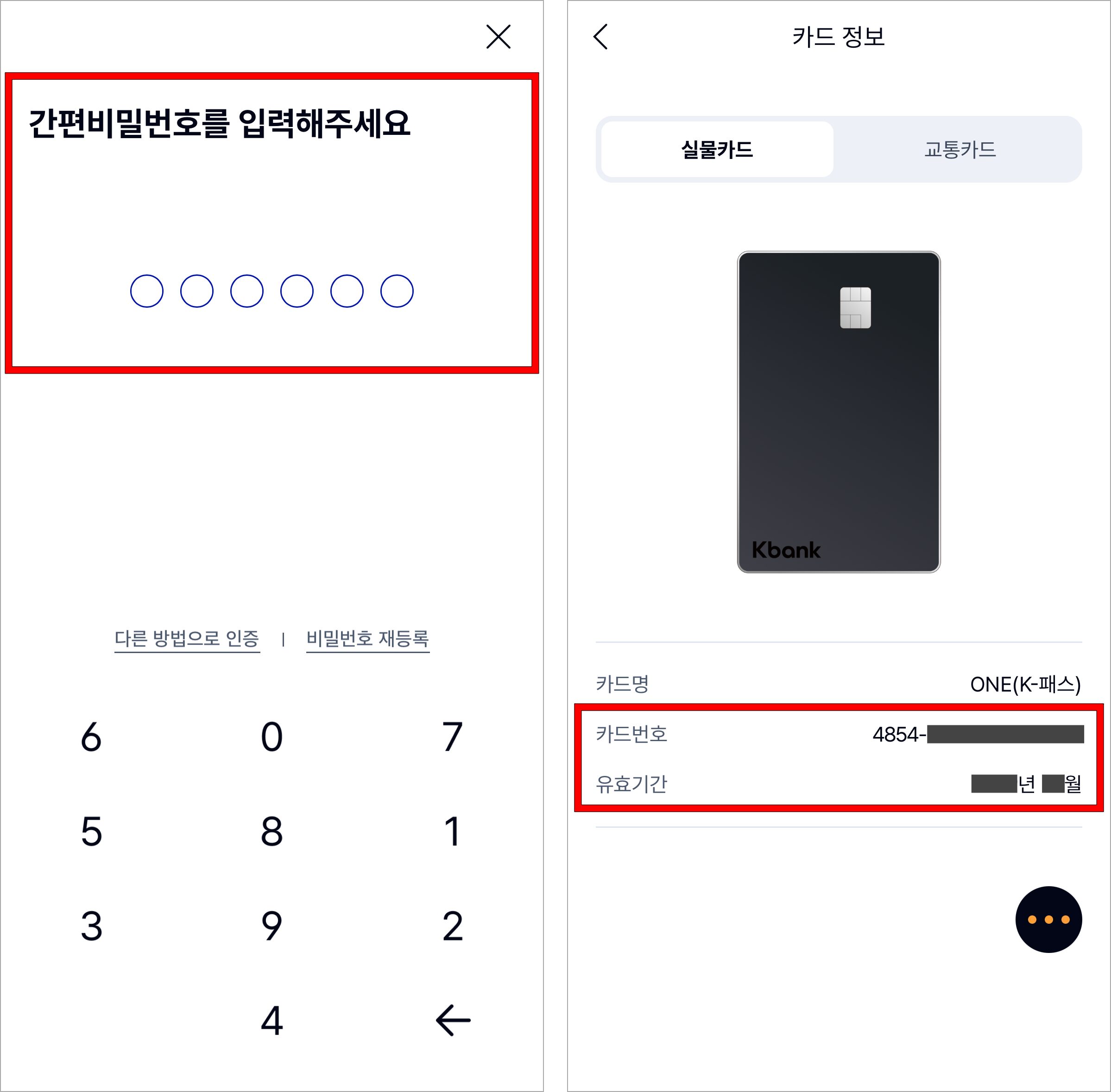 간편 비밀번호를 입력하고 조회된 카드 정보를 확인