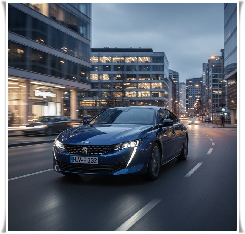 2세대 푸조 508 패스트백 세단의 역동적인 주행 장면