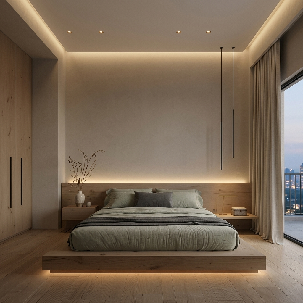 공간을 넓히는 조명배치로 플로팅 효과를 더해주는 침실 조명 인테리어 이미지