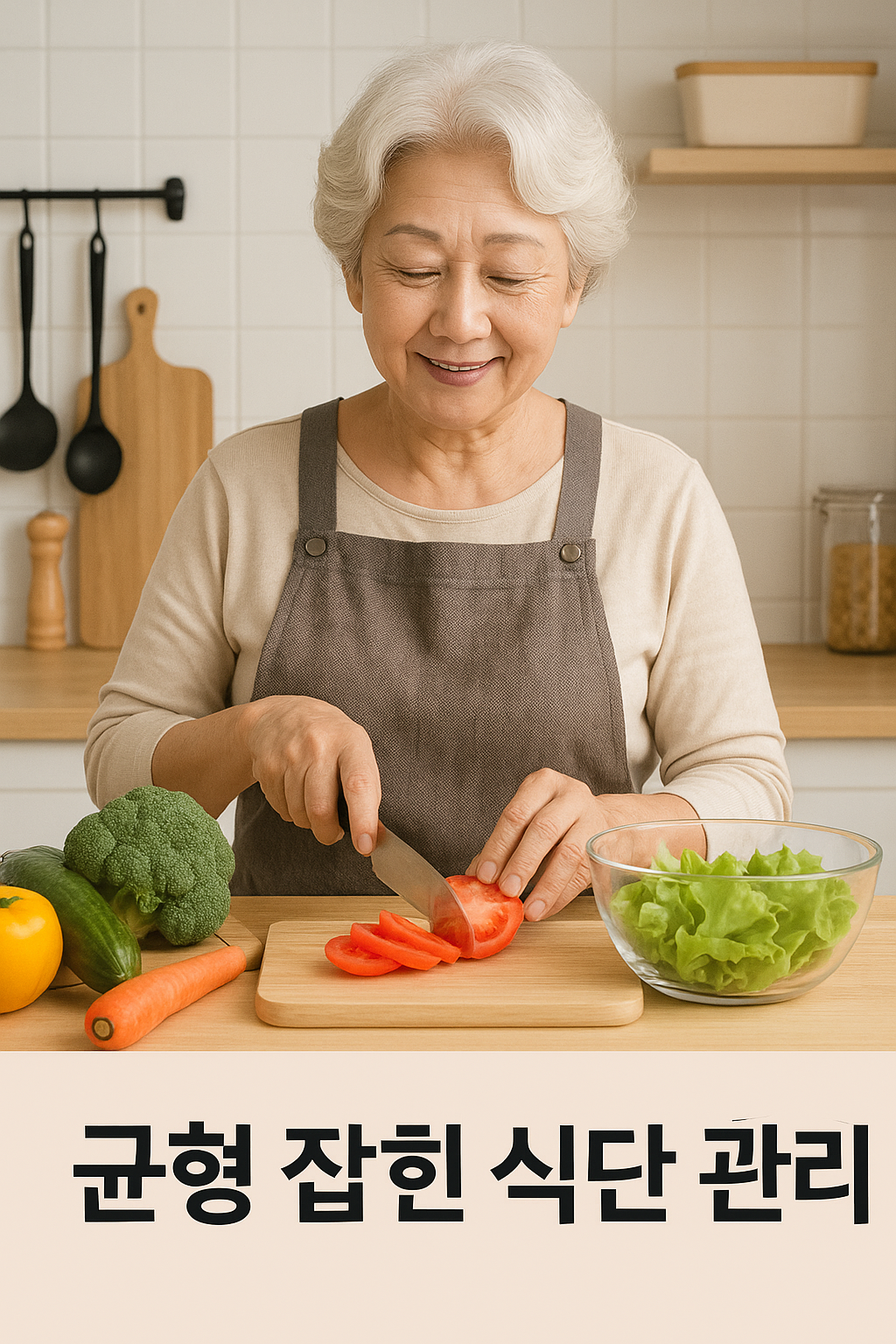 당뇨 관리를 위해 조리 중인 어머니의 행복한 모습